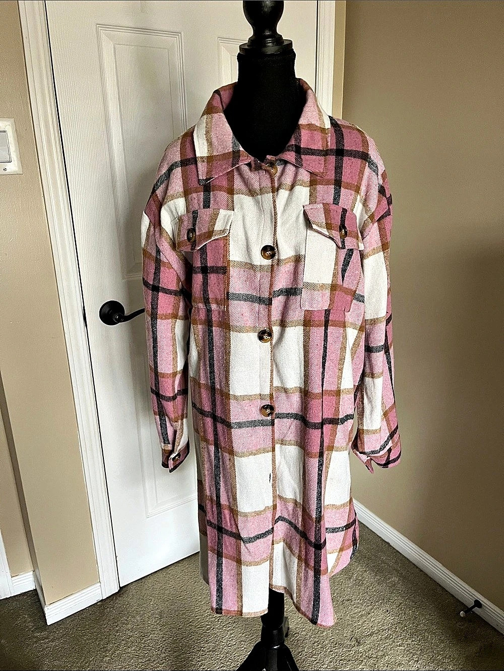 Plaid Shirt Jacket in Pink & White Like New